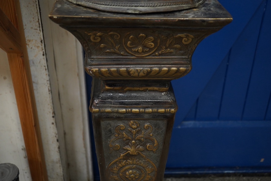 A large two colour bronze effect urn on pedestal, total height 134cm. Condition - fair to good